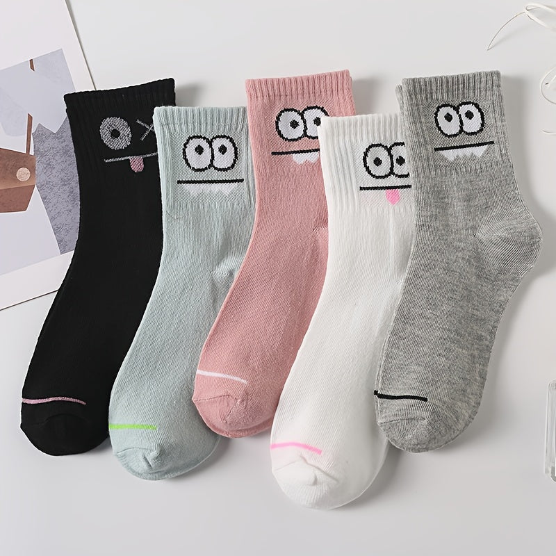 5 Pairs Funny Face Print Socks - Ultra-Soft and Breathable, Relaxed Fit, Mid-Calf Length - Designed for Women, Perfect for Stockings and Hosiery Lovers