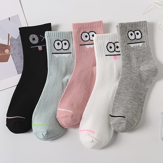 5 Pairs Funny Face Print Socks - Ultra-Soft and Breathable, Relaxed Fit, Mid-Calf Length - Designed for Women, Perfect for Stockings and Hosiery Lovers