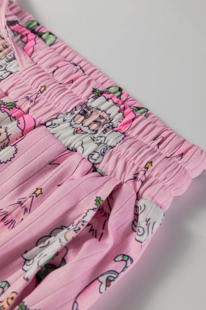 Pink Christmas Print Ruffled Ribbed Shirt & Pants 2 Piece PJ Set