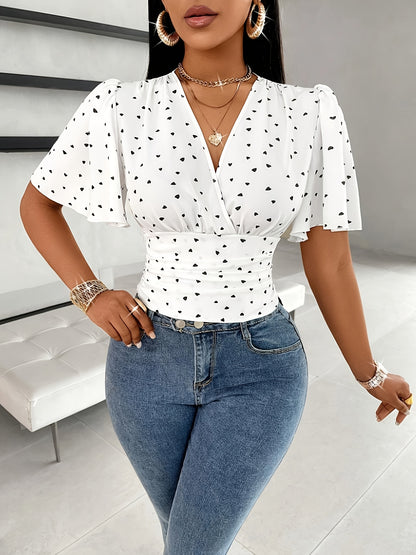 Heart Print V-neck Tucked Blouse, Elegant Flutter Sleeve Slim Blouse For Spring & Summer, Women's Clothing