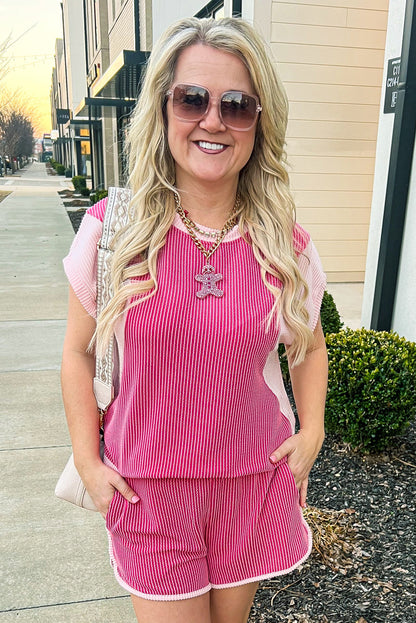 Rose Red 3D Spiral Ribbed Texture 2 Tones Patchwork Short Set