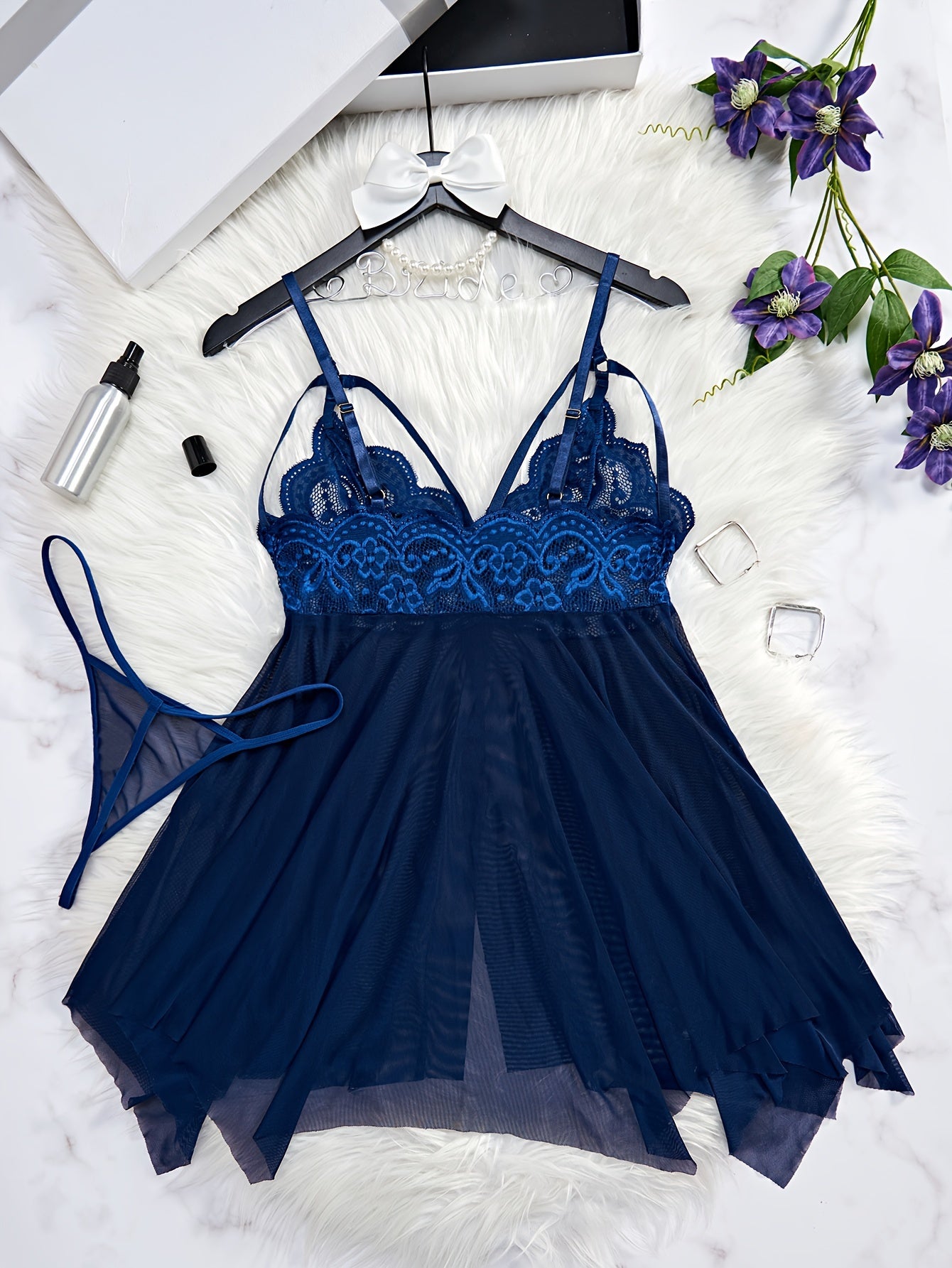 Seductive Floral Lace Slip Nightdress - Sheer Mesh, Adjustable Straps, Asymmetric Hem - Backless V Neck Mini Dress with Matching Thongs - Soft, Breathable Womens Sleepwear Set