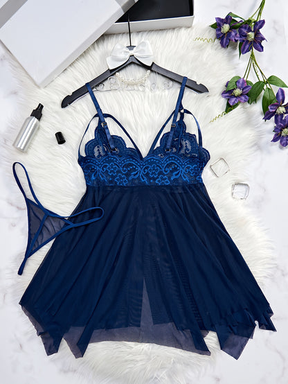 Seductive Floral Lace Slip Nightdress - Sheer Mesh, Adjustable Straps, Asymmetric Hem - Backless V Neck Mini Dress with Matching Thongs - Soft, Breathable Womens Sleepwear Set