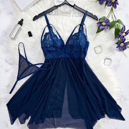 Seductive Floral Lace Slip Nightdress - Sheer Mesh, Adjustable Straps, Asymmetric Hem - Backless V Neck Mini Dress with Matching Thongs - Soft, Breathable Womens Sleepwear Set
