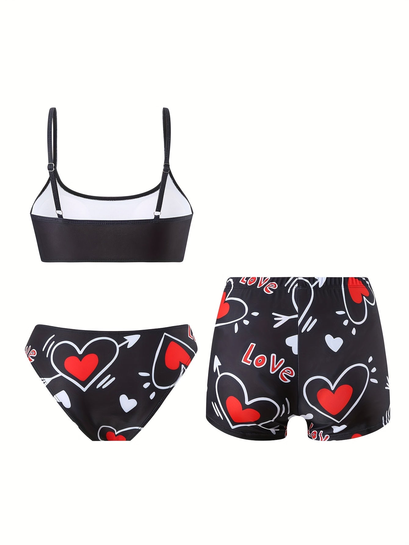 Women'S 3pcs Bikini Set, Sexy High Stretch Knit Fabric, Polyester 82% Elastane 18%, All Over Heart Print, Love My Boyfriend & Love Pattern, 200g/m², for Running & Swimming