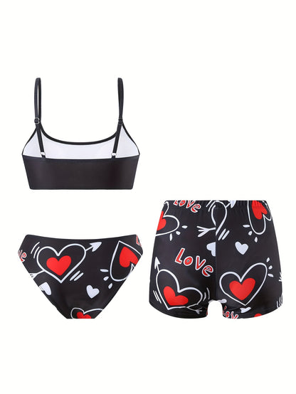 Women'S 3pcs Bikini Set, Sexy High Stretch Knit Fabric, Polyester 82% Elastane 18%, All Over Heart Print, Love My Boyfriend & Love Pattern, 200g/m², for Running & Swimming