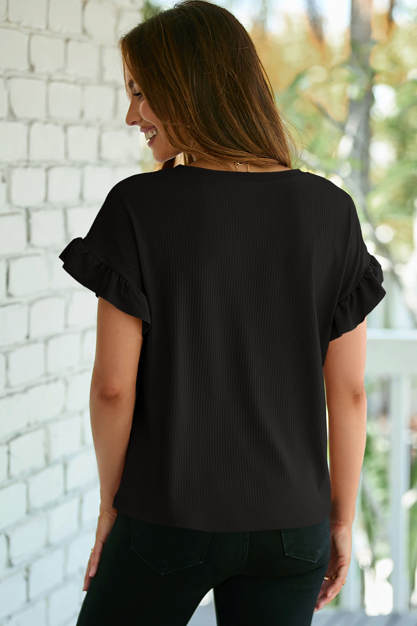 Black Solid Color Ribbed Ruffled Short Sleeve T Shirt