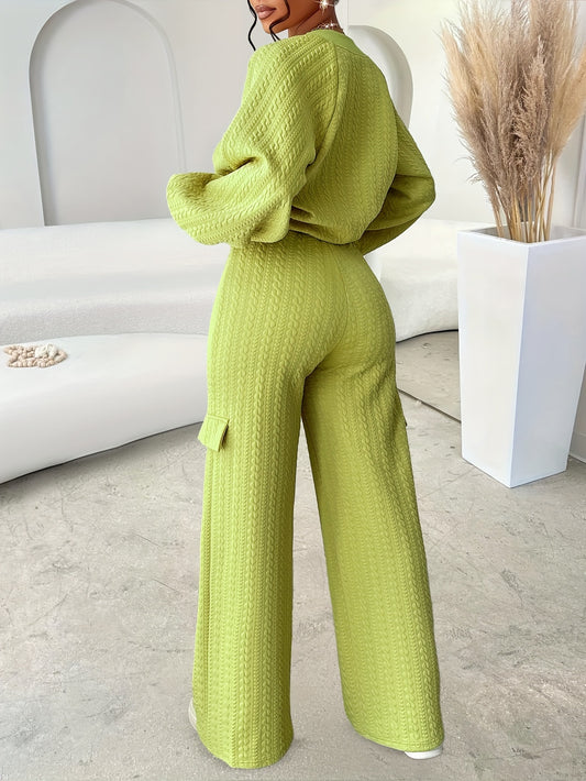 Women'S Casual Chic Two-Piece Set, Solid Color Long Sleeve Zippered Jacket and Straight-Leg Pants, Polyester 95% Elastane 5% Knit Fabric, Crew Neck, Fall/Winter Collection