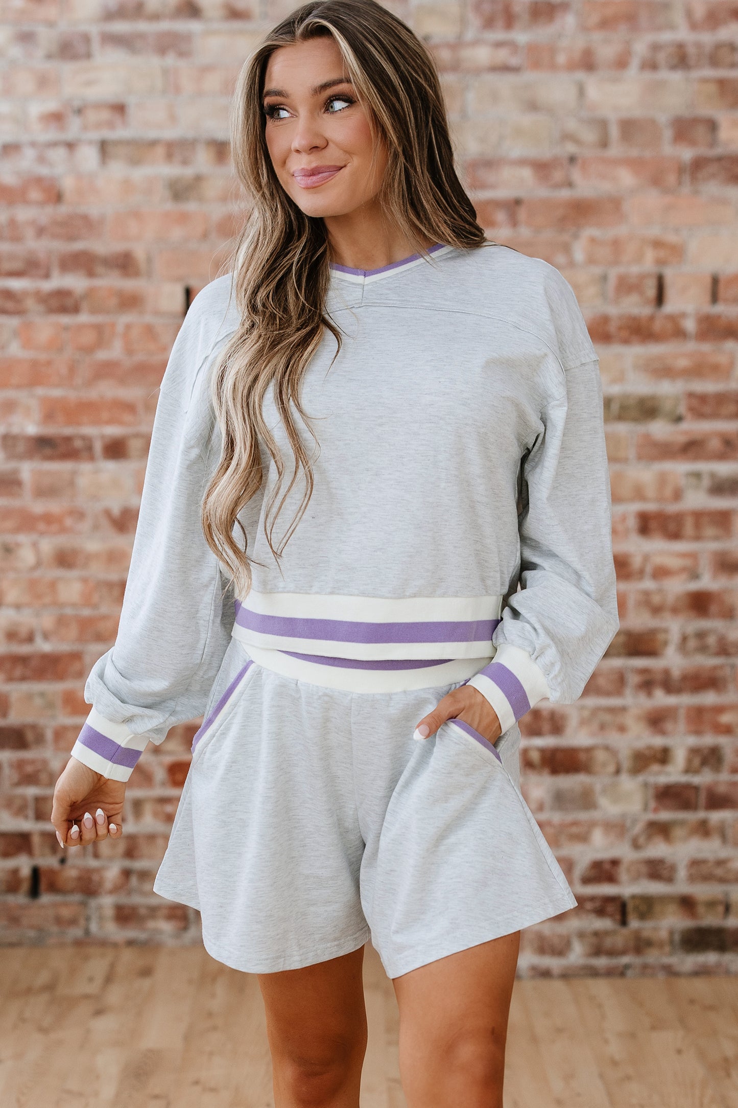 Light Grey Contrast Striped Bands Cropped Pullover and Athletic Short Set