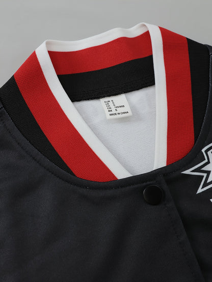 Letter & Graphic Print Snap Button Bomber Jacket, Casual Long Sleeve Baseball Jacket For Spring & Fall, Women's Clothing