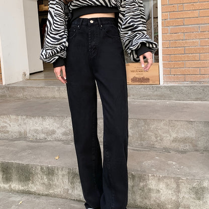Plain High Rise High Waist Straight Jeans, Loose Fit Wide Legs Zipper Button Closure Boyfriends Jeans, Women's Denim Jeans & Clothing