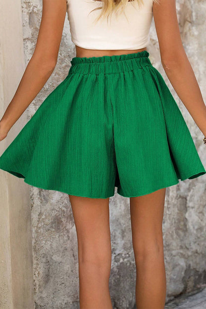 Dark Green Textured Frilled Lace-up Elastic Waistband Ruffle Wide Leg Shorts