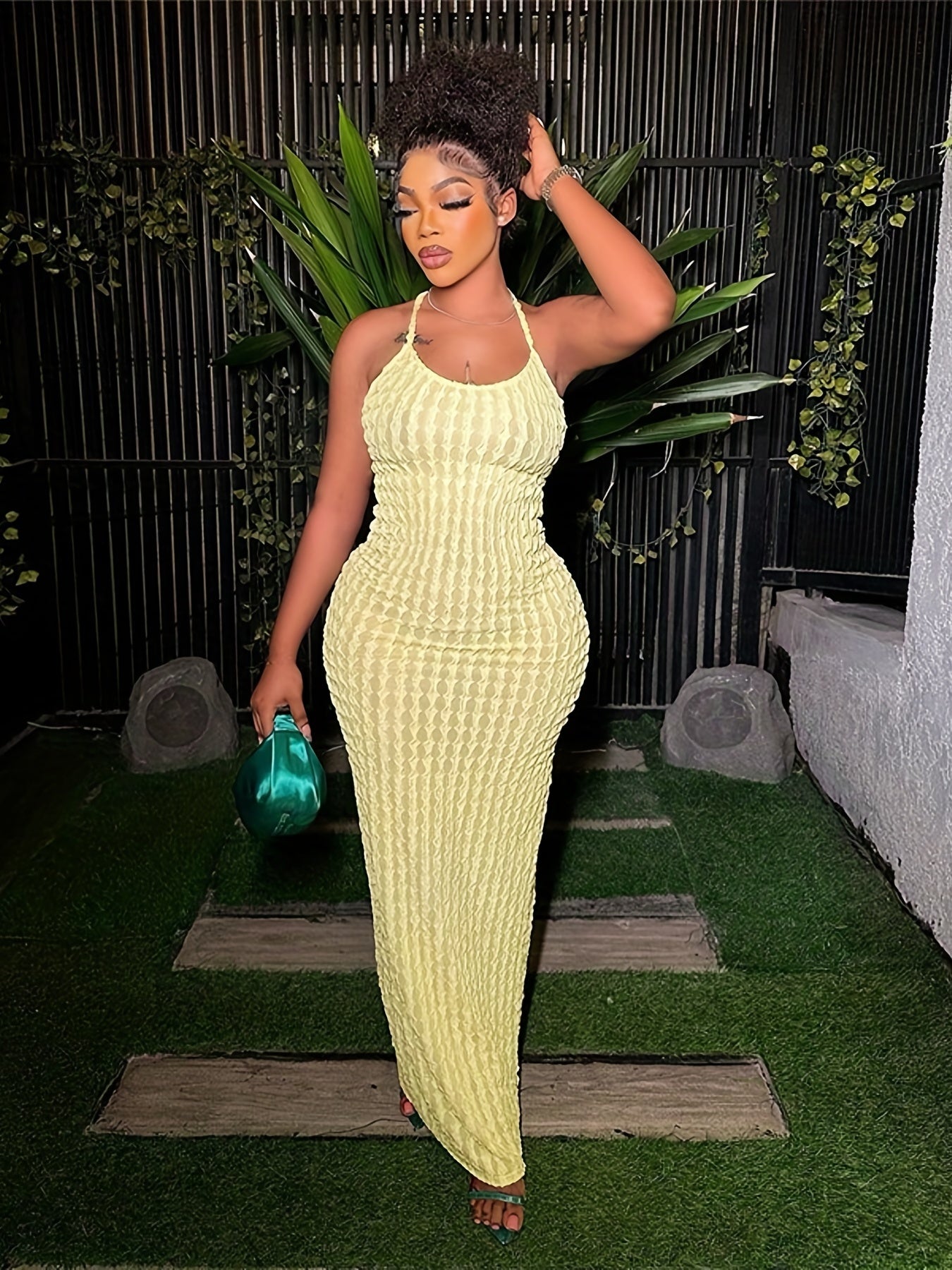 Solid Spaghetti Popcorn Dress, Sexy Backless Dress For Spring & Summer, Women's Clothing