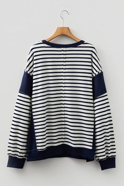Blue Stripe Contrast Stitched Detail Color Block Patchwork Plus Size Sweatshirt
