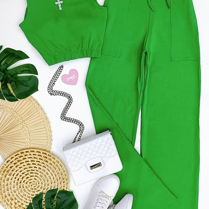 Trendy Two-Piece Crop Top Set - Soft Solid Color, Crew Neck, Drawstring Waist, Straight Leg Pants, Comfy Women's Casual Outfit for Daily Wear