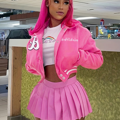 Chic Slogan Print Cropped Coat - Versatile Button Front, Long Sleeve Lapel Design - Womens Casual Fashion Jacket for Everyday Style