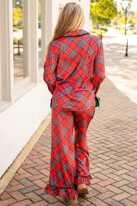 Fiery Red Christmas Plaid Satin Pajama Set with Contrast Velvet Ties