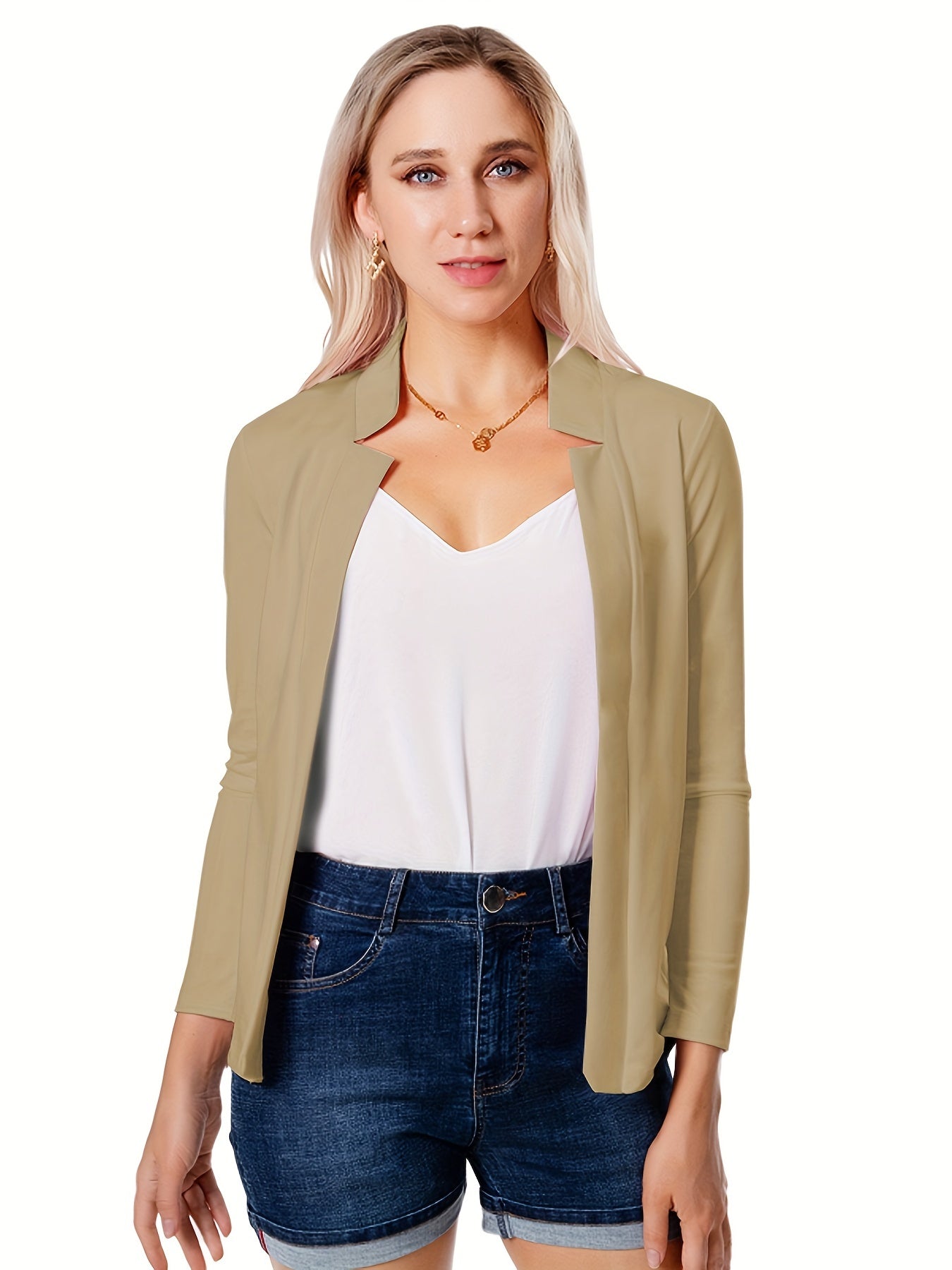 Solid Open Front Blazer, Casual Long Sleeve Blazer For Office & Work, Women's Clothing