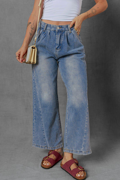 Ashleigh Blue Washed Pleated Detail Wide Leg Jeans