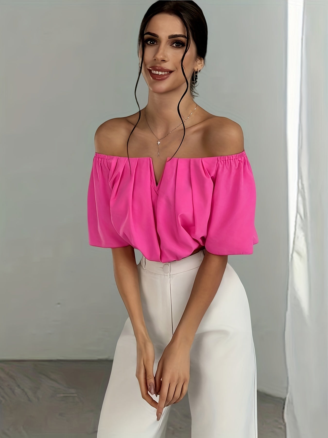 Sexy Off-the-Shoulder Crop Top Blouse - Stylish Short Sleeve Polyester Solid Color Notch Neck Design for Spring and Summer - Womens Fashion Clothing for All Seasons