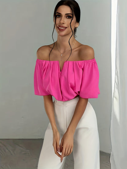 Sexy Off-the-Shoulder Crop Top Blouse - Stylish Short Sleeve Polyester Solid Color Notch Neck Design for Spring and Summer - Womens Fashion Clothing for All Seasons
