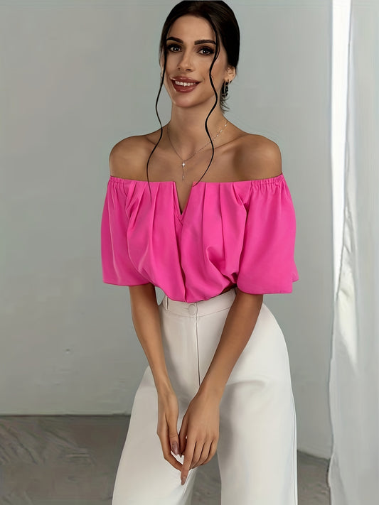 Sexy Off-the-Shoulder Crop Top Blouse - Stylish Short Sleeve Polyester Solid Color Notch Neck Design for Spring and Summer - Womens Fashion Clothing for All Seasons