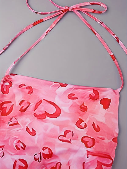 Fashion Halter Neck Valentine'S Day Pink Dress with Full Print of Love Flowers, Sleeveless, Slim Fit, Backpack-Revealed Hip Fishtail Long Dress, Evening Dress, Floor-Length Skirt