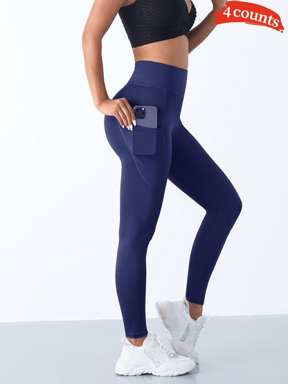 4pcs High Waist Yoga Leggings With Pocket For Women, Solid Color, Tight Fit, Women's Activewear
