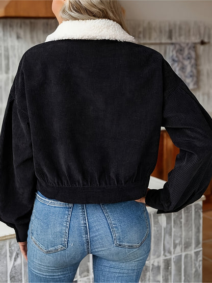 Button Front Fuzzy Lapel Jacket, Casual Long Sleeve Crop Jacket For Fall & Winter, Women's Clothing