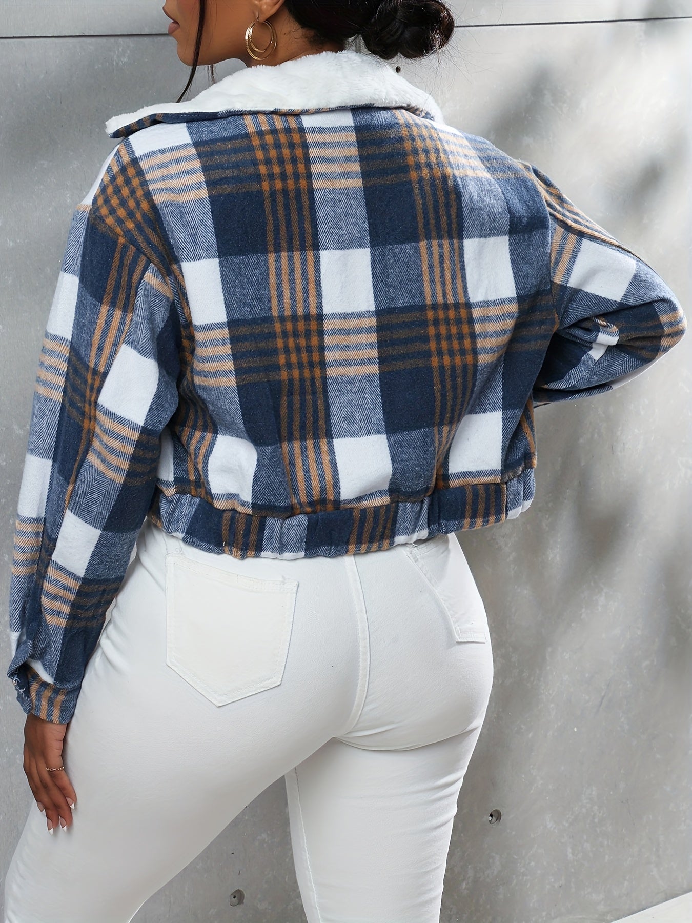 Button Plaid Faux Fur Collar Jacket, Casual Long Sleeve Crop Jacket For Fall & Winter, Women's Clothing