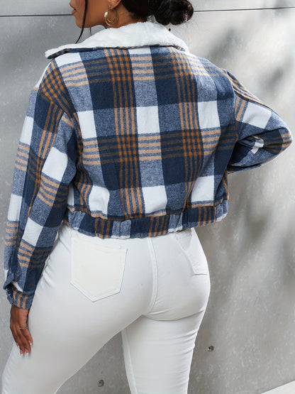 Button Plaid Faux Fur Collar Jacket, Casual Long Sleeve Crop Jacket For Fall & Winter, Women's Clothing