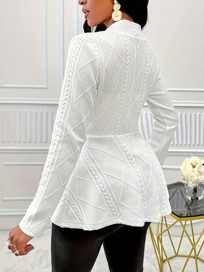 Textured Beaded Button V-neck Jacket, Elegant Long Sleeve Ruffle Hem Outwear For Spring & Fall, Women's Clothing