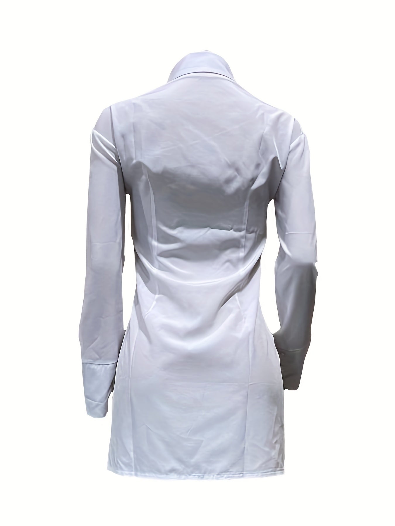 Women's Slim-Fit White Long Sleeve Shirt with Notch Lapel & Side Slit - Solid Color Button-Up Blouse, Machine Washable, Versatile for Casual & Formal Wear, Ladies Blouses