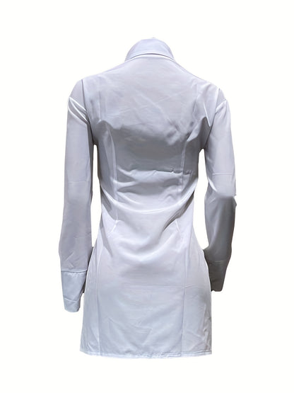 Women's Slim-Fit White Long Sleeve Shirt with Notch Lapel & Side Slit - Solid Color Button-Up Blouse, Machine Washable, Versatile for Casual & Formal Wear, Ladies Blouses