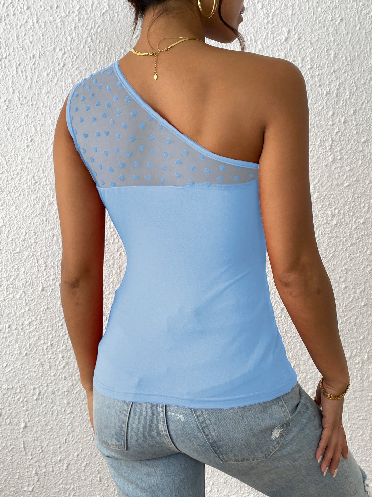 One Shoulder Heart Print Mesh Top, Sexy Sleeveless Asymmetrical Top, Women's Clothing