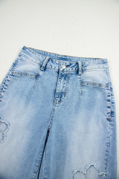 Beau Blue Flower Patched Light Wash Cropped High Waist Jeans