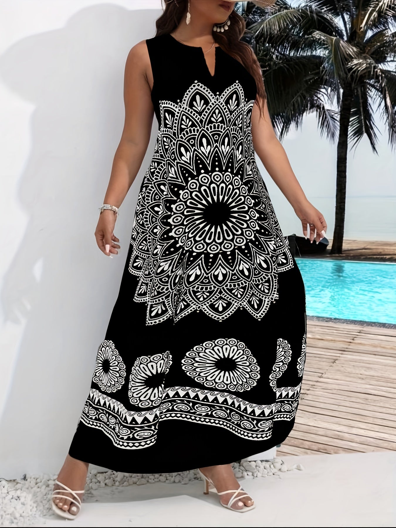 Mandala Floral Print Maxi Dress, Elegant Notched Neck Sleeveless Dress, Women's Clothing