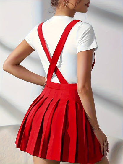 Overall Suspender Skirts, Casual Solid Pleated High Waist Skirts, Women's Clothing