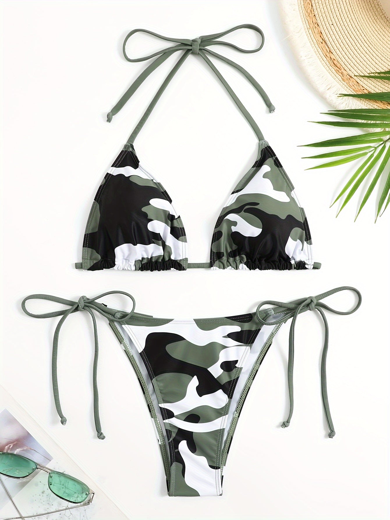Women'S Camo Print Bikini Set with Lace-Up Detail - Stretchy Medium Fabric, Green & White Pattern, Strapless Swimsuit for Beach or Pool, Beach Swimsuit|Camouflage Swimsuit|Stretchy Fabric