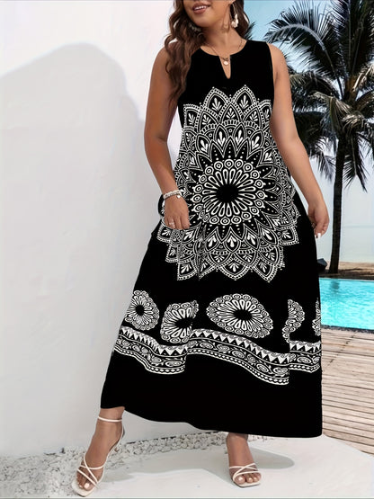 Mandala Floral Print Maxi Dress, Elegant Notched Neck Sleeveless Dress, Women's Clothing