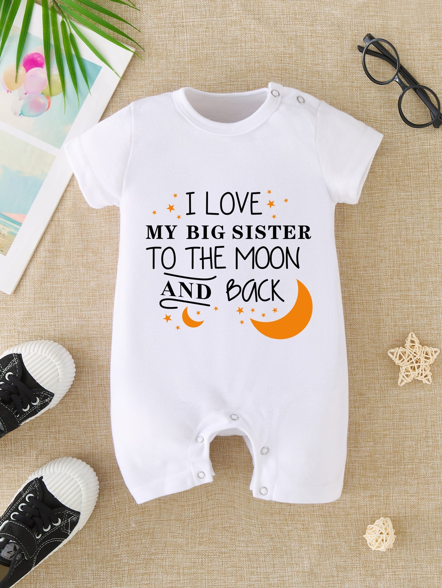 Adorable I LOVE My Big Sister Letter Print Summer Short Sleeve Quadrangle Jumpsuit Bodysuit - Soft, Comfortable & Breathable Baby Clothes - Perfect Pregnancy Gifts for Proud Big Sisters