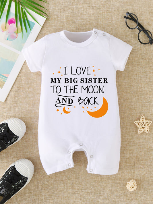 Adorable I LOVE My Big Sister Letter Print Summer Short Sleeve Quadrangle Jumpsuit Bodysuit - Soft, Comfortable & Breathable Baby Clothes - Perfect Pregnancy Gifts for Proud Big Sisters