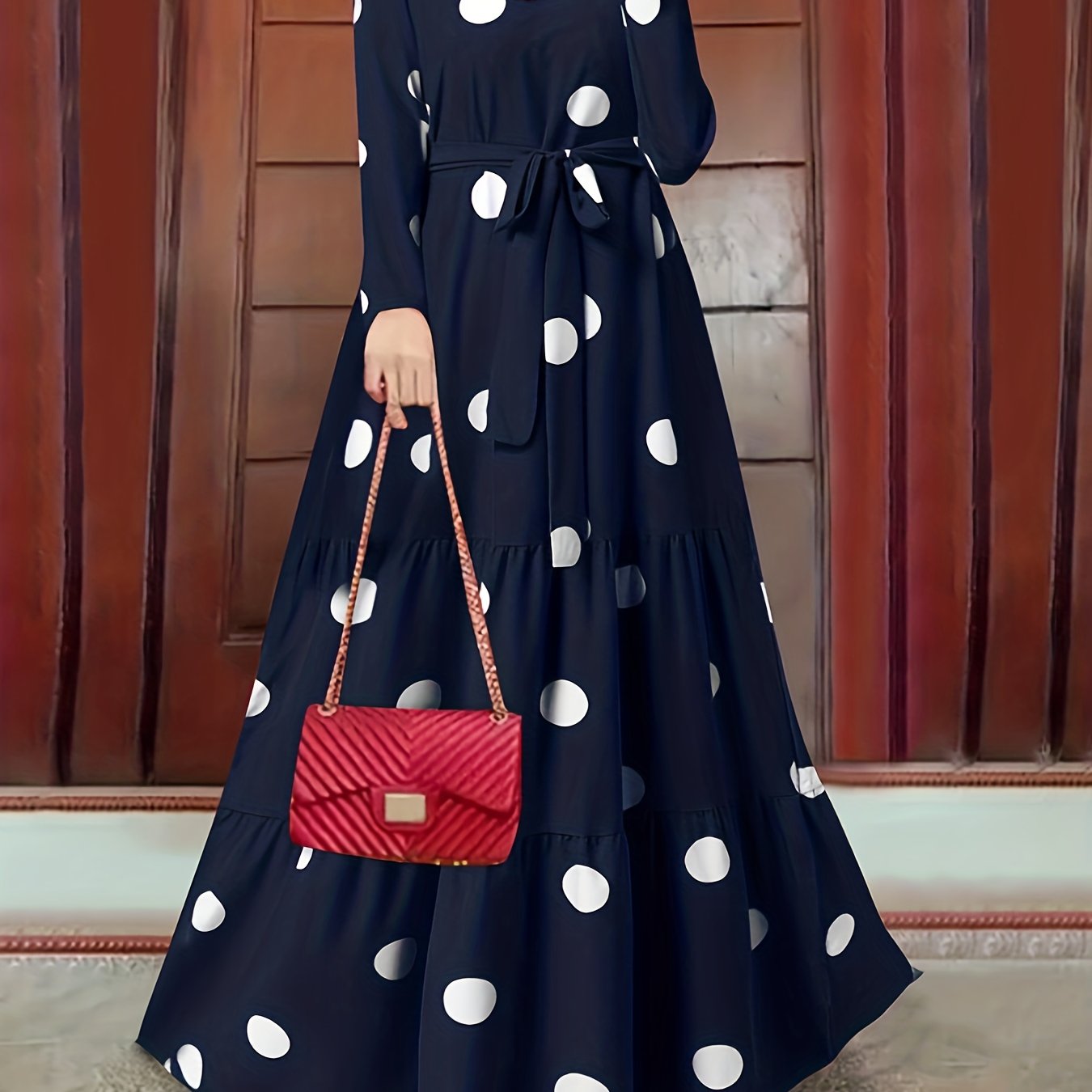 2023 New Women's Elegant Red & White Polka Dot Arabic Abaya Dress - Long Sleeve Round Neck with Adjustable Waist Tie, Machine Washable Lightweight Modest Cover for Spring Summer Fall, Abaya for Summer, Cultural Attire, Season