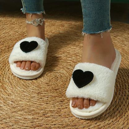 [Cute Slippers] Cozy Plush Women's Winter Slippers | Fleece-Lined Non-Slip EVA Sole with Heart Pattern, Black & Pink, Cute Slipresistant Footwear, Casual Slipon, Fleecelined Interior, 2024 New