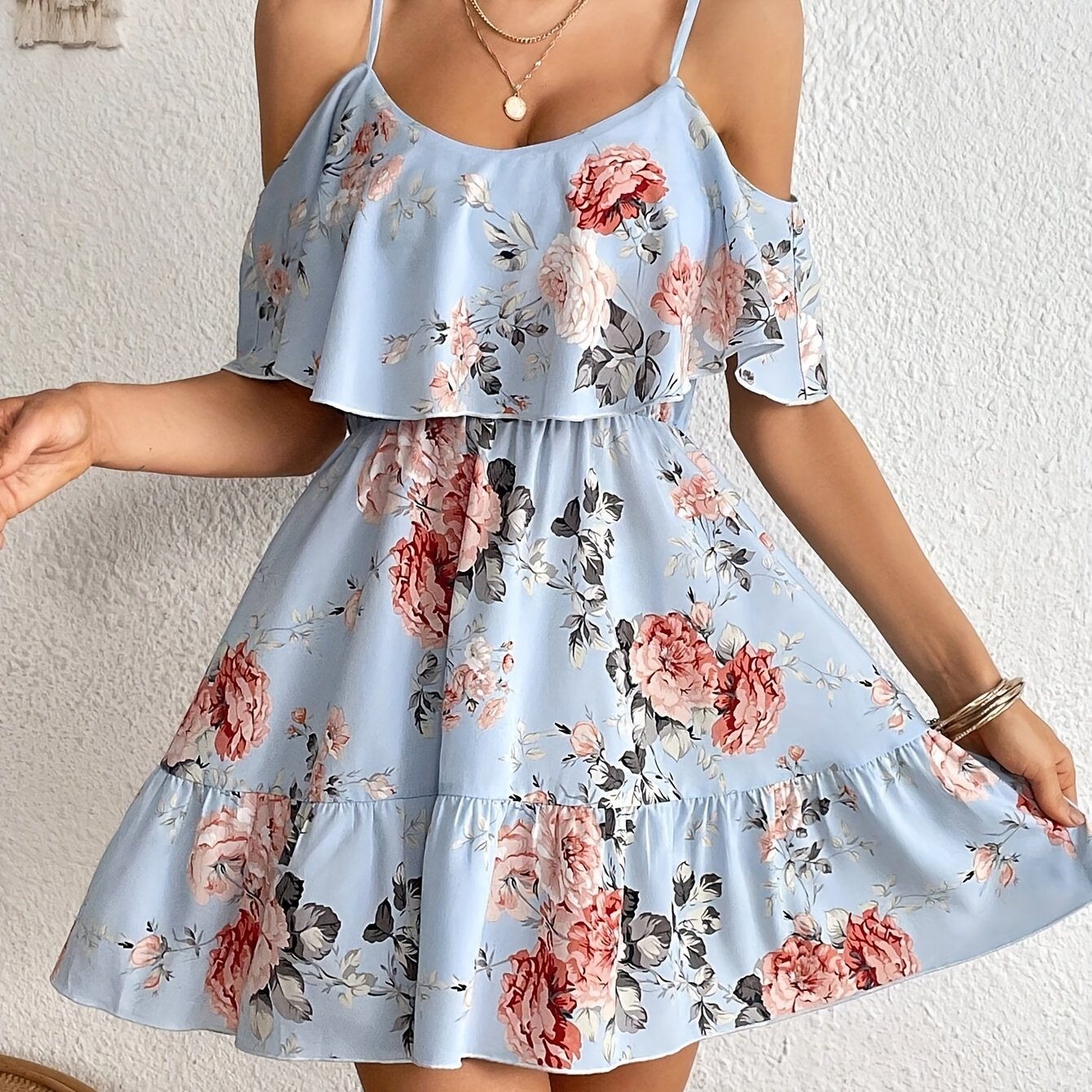 Floral Print Cold Shoulder Dress, Casual Ruffle Trim Dress For Spring & Summer, Women's Clothing