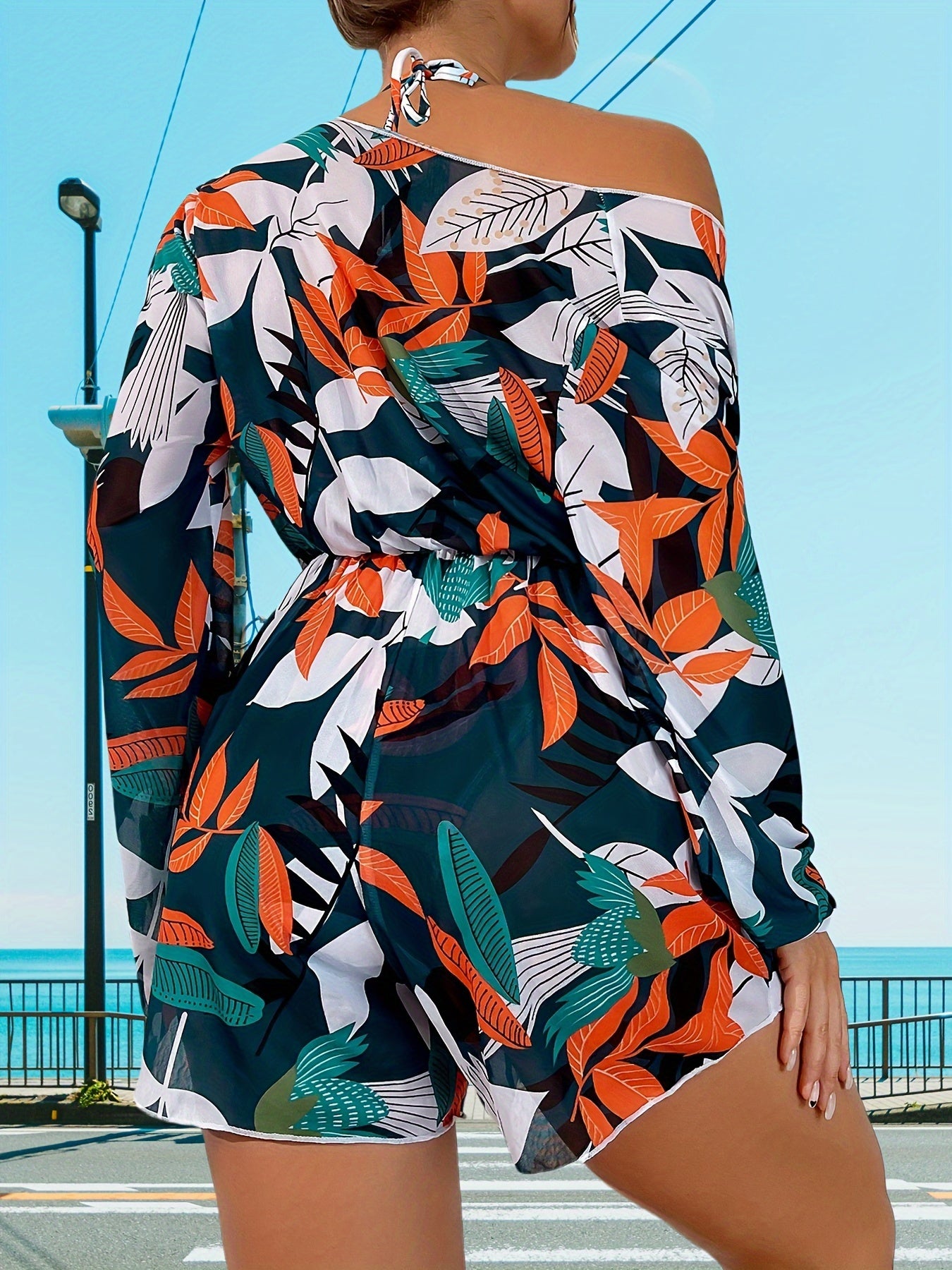 Women's Fashion Bikini Swimwear, Women's Sexy Printed Three-Piece Swimsuit With Cover-Up, Tropical Leaf Design