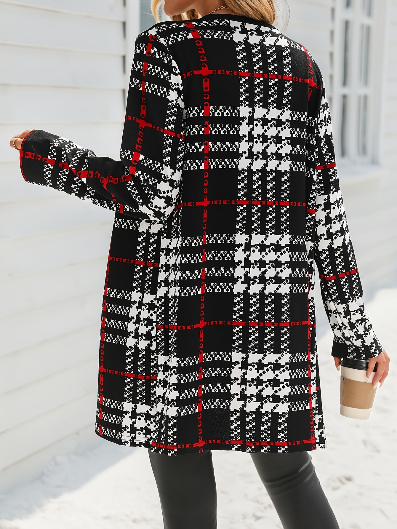 Elegant Women'S Gingham Print Color Block Knit Jacket - Collarless, Polyester Blend (95% Polyester, 5% Spandex), Casual Long Sleeve Coat for Spring/Fall