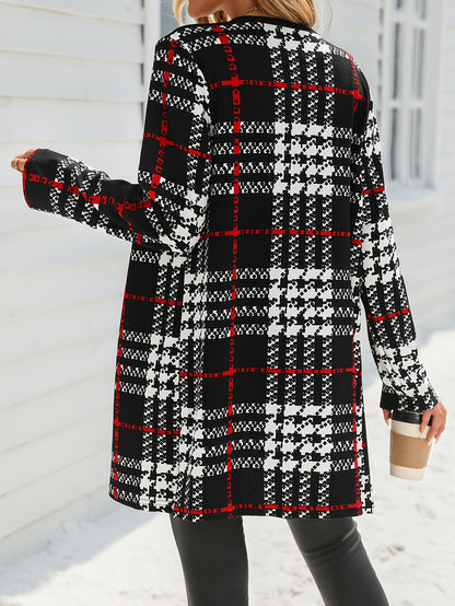 Elegant Women'S Gingham Print Color Block Knit Jacket - Collarless, Polyester Blend (95% Polyester, 5% Spandex), Casual Long Sleeve Coat for Spring/Fall