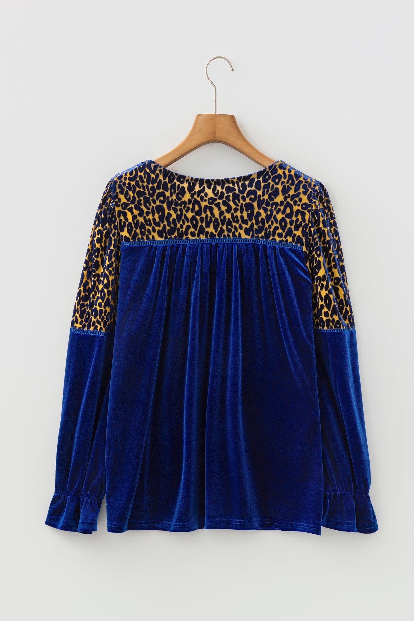 Sky Blue Leopard Patchwork Shoulder Flounce Sleeve Velvet Blouse