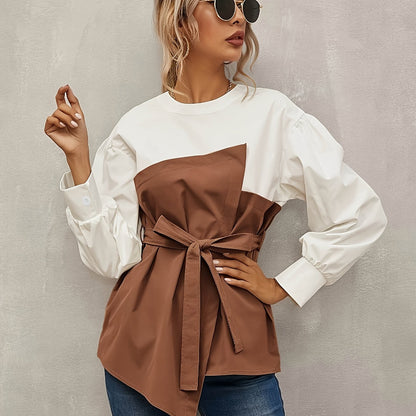 Chic Color Block Long Sleeve Blouse for Women - Polyester, Machine Washable, Non-Sheer - Perfect for Spring & Fall
